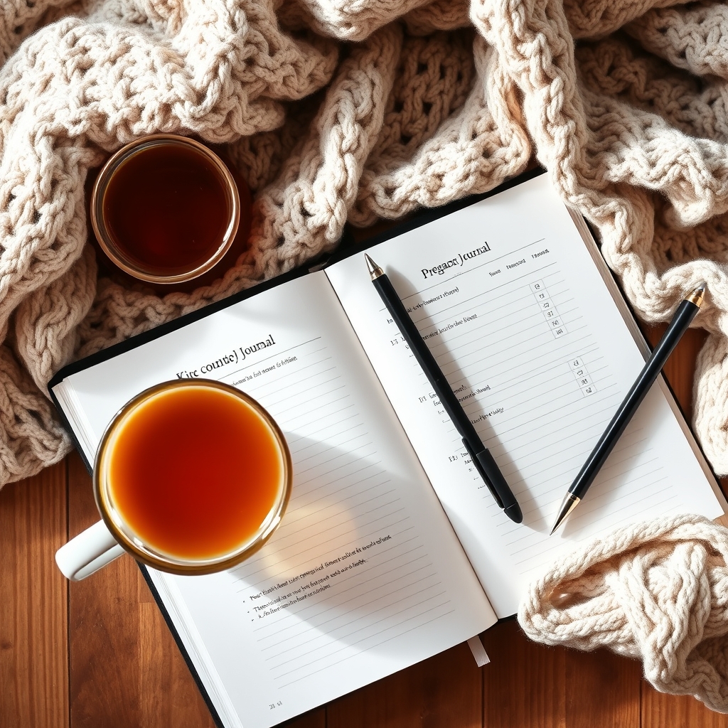 A pregnancy journal open to a page with a kick count tracker, next to a pen and a cozy blanket