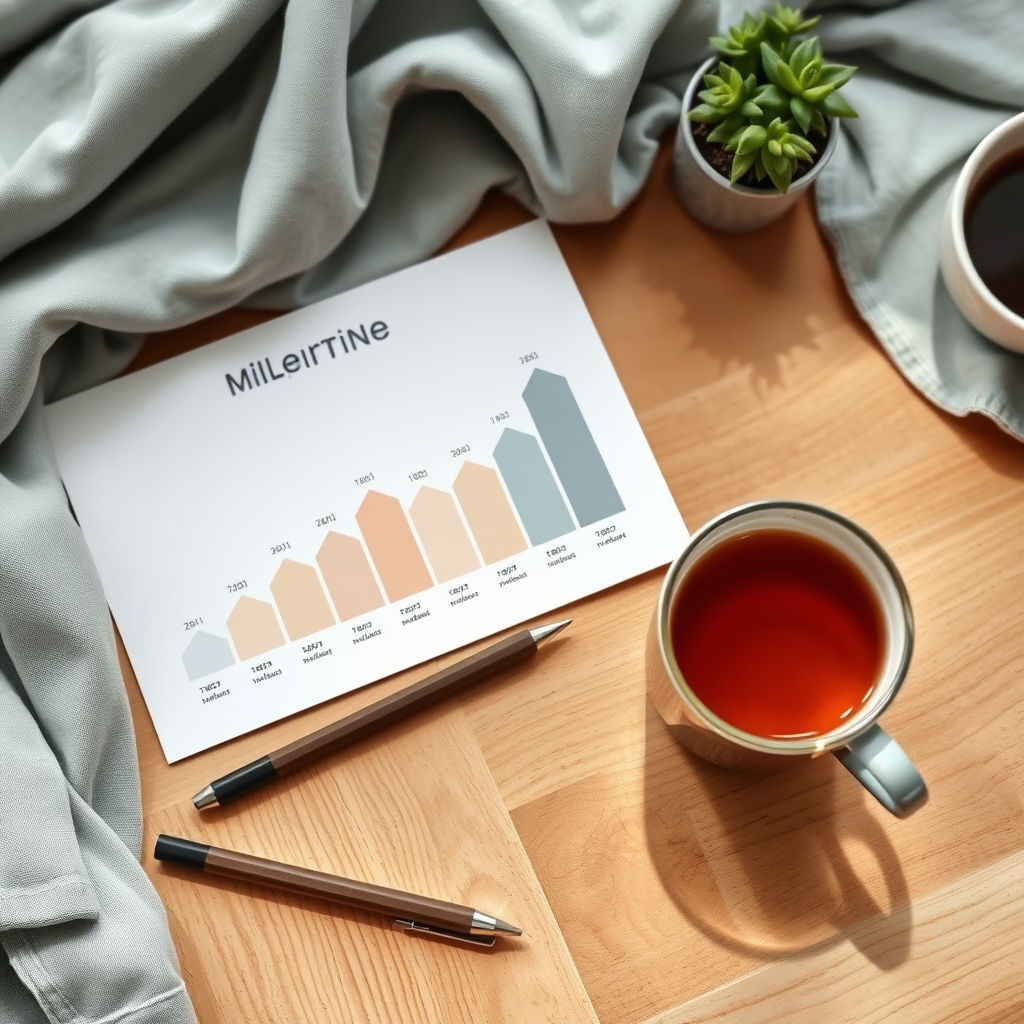 A printable milestone chart for a six‑month‑old, showing columns for date, skill, and parent notes, placed on a tidy kitchen counter with a cup of tea