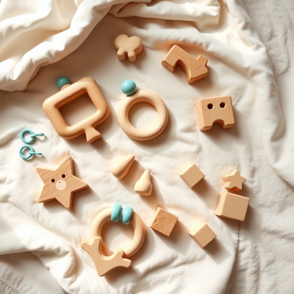 A set of colorful, BPA‑free silicone teething toys and soft wooden blocks arranged on a light‑colored blanket, ready for a 7‑month‑old to explore