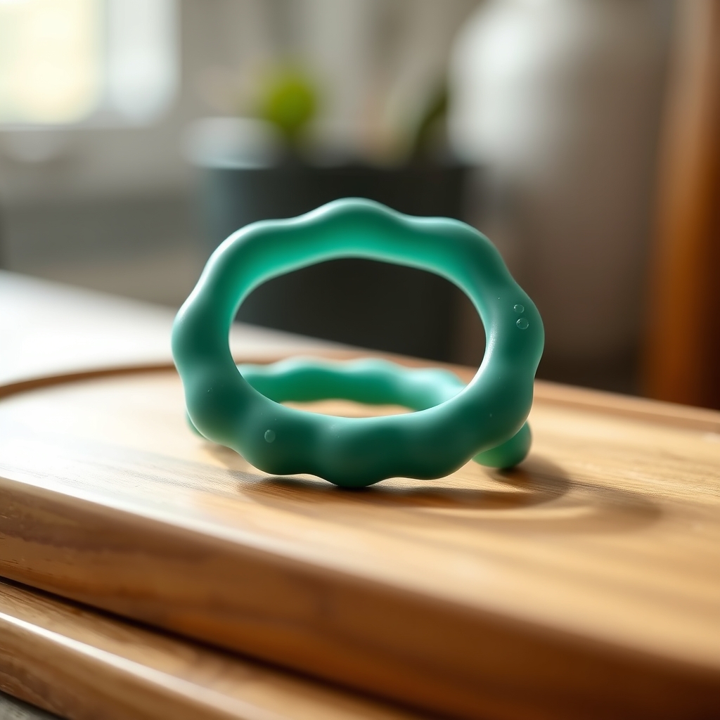 A chilled silicone teething ring lying next to a soft fabric towel on a wooden tray, illustrating safe home teething relief for a 7‑month‑old