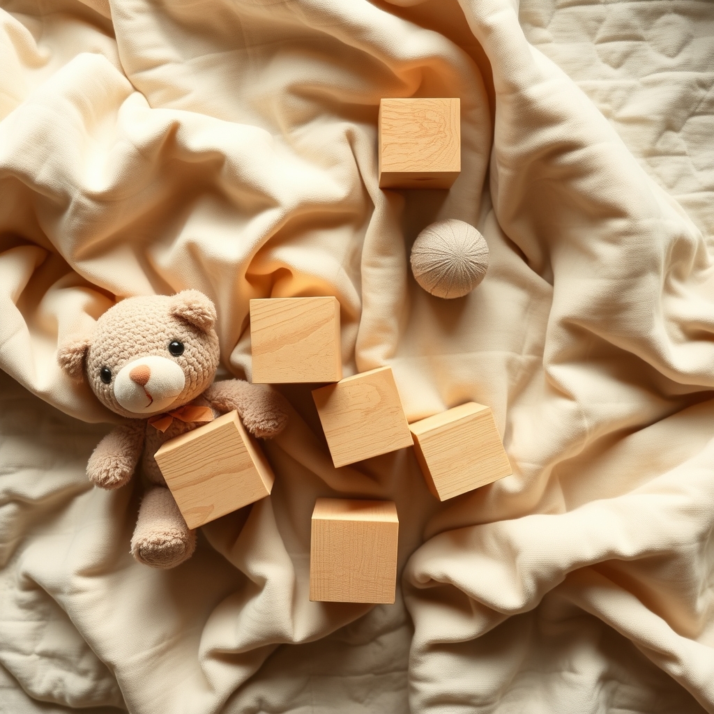 Brightly colored stackable wooden cubes and a soft plush animal on a light‑colored blanket, perfect for an eight‑month‑old to explore