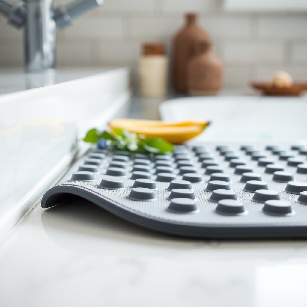 Close-up of a non-slip bathroom mat with strong suction cups on the underside