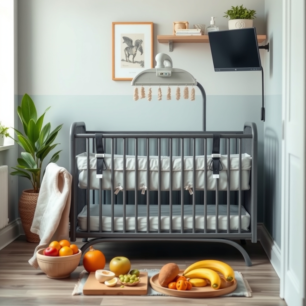 Nursery with secured dresser, bare crib, and wall-mounted monitor
