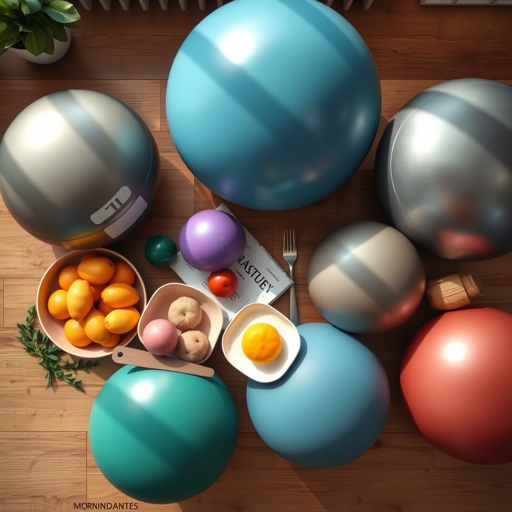 A variety of pregnancy‑friendly stability balls displayed on a wooden table, showing different sizes and textures, bright natural lighting