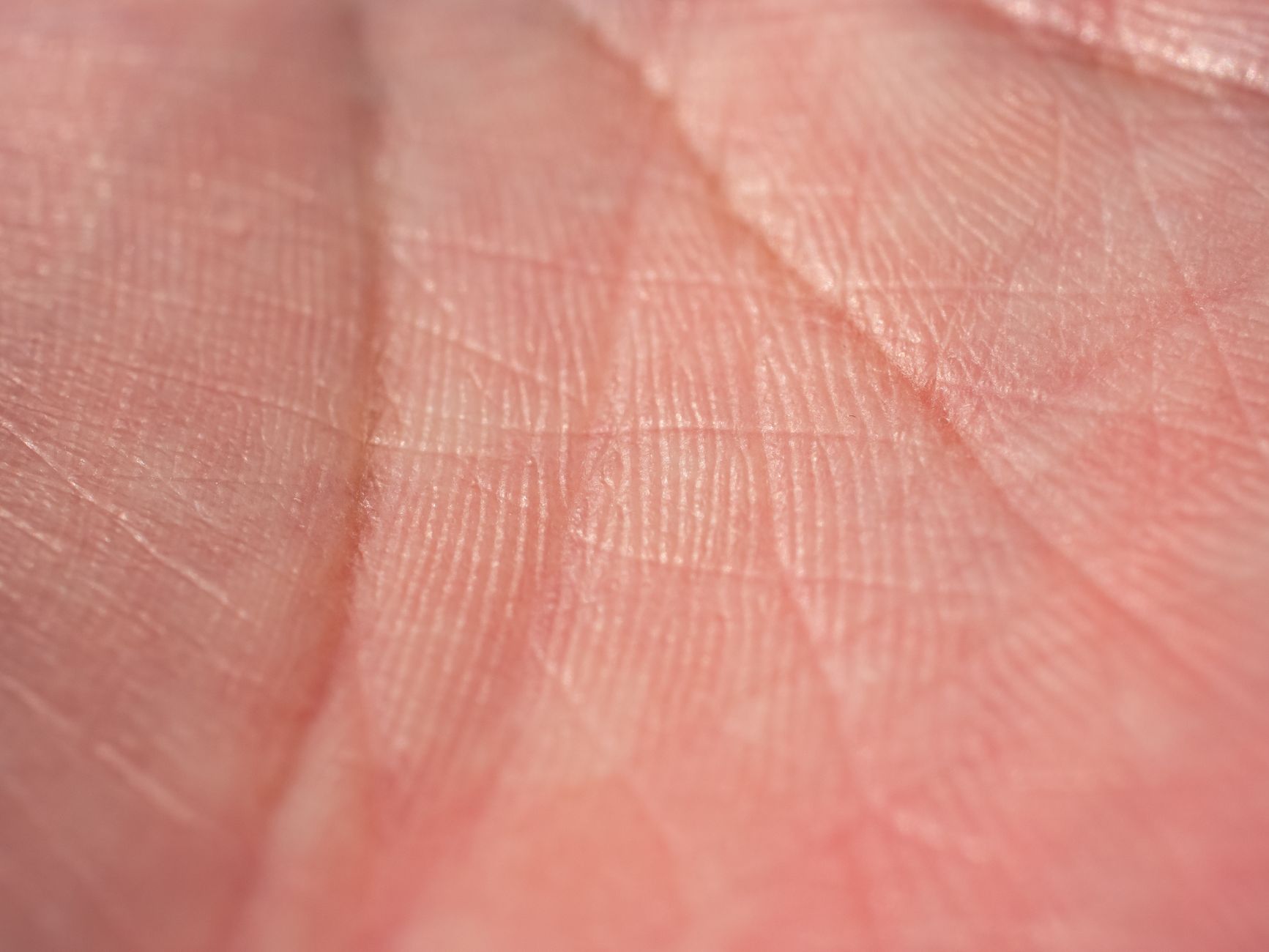 Close‑up of a newborn’s hand showing the square window and plantar creases, photographed on a soft pastel background with gentle natural light