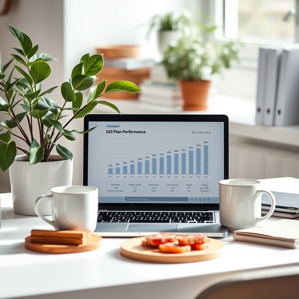 Home office setup showing a 529 plan performance chart on a laptop screen.