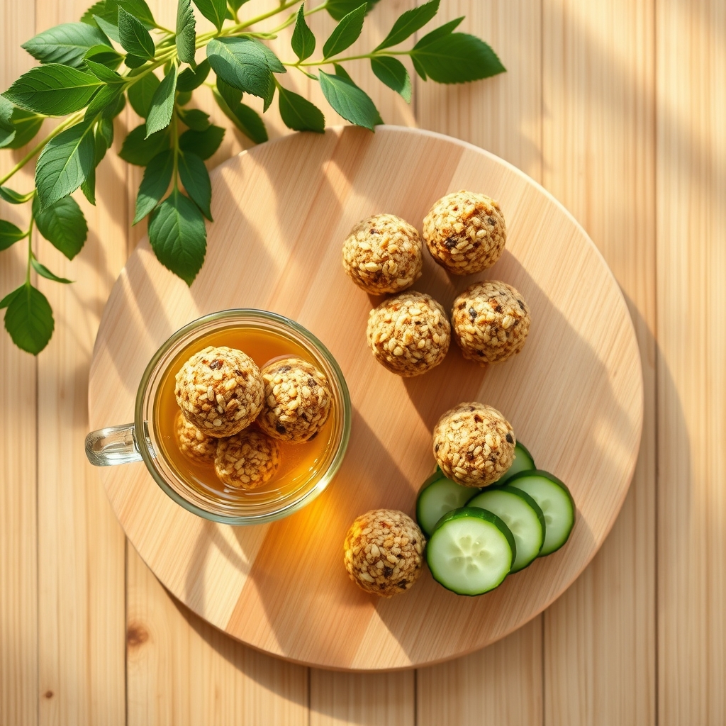 A bright kitchen countertop featuring a bowl of quinoa energy bites, a glass of ginger tea, and a small plate of sliced cucumber