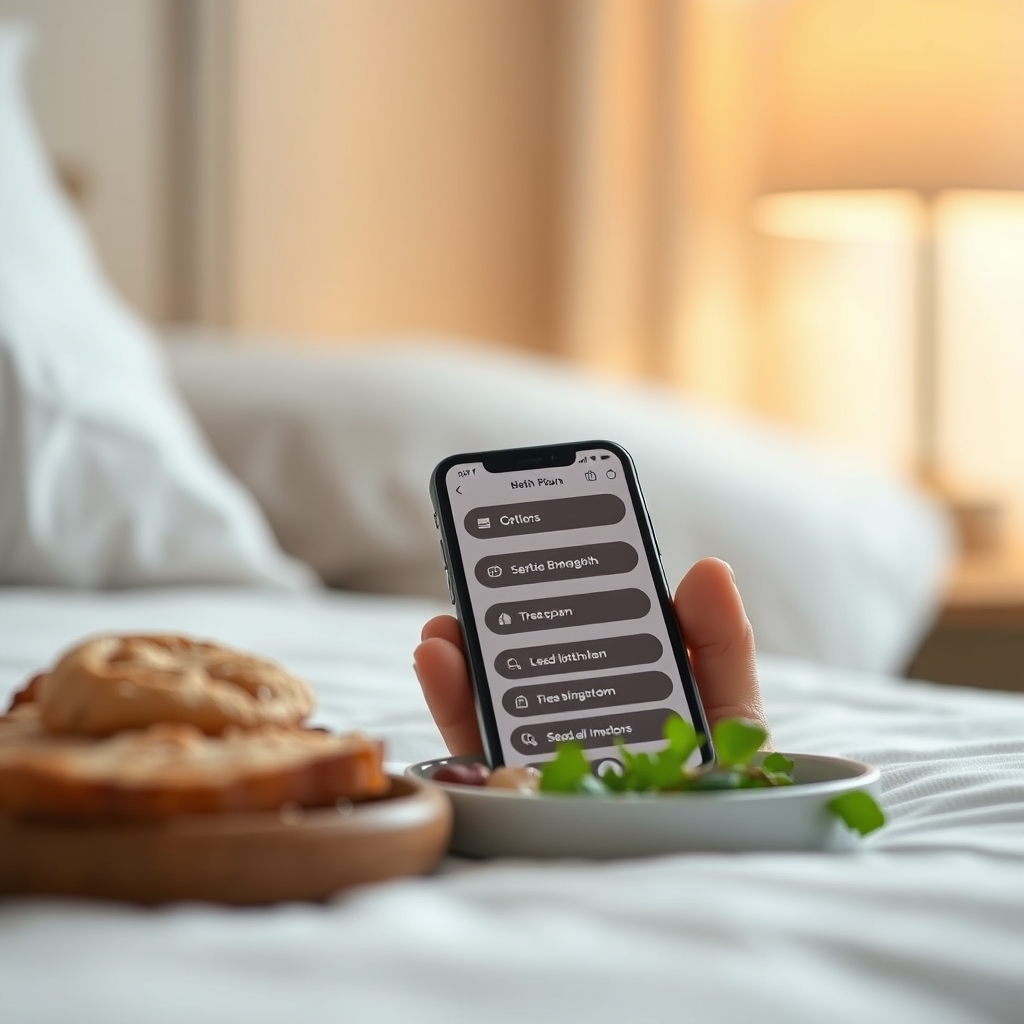 Smartphone screen displaying a birth plan app with checkboxes for labor preferences, set against a calm bedside scene