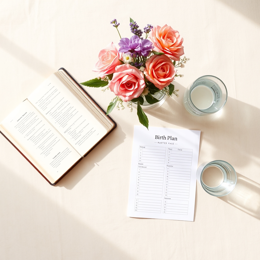A softly lit bedside table with a cultural prayer book, a small vase of fresh flowers, and a printed birth plan beside a glass of water