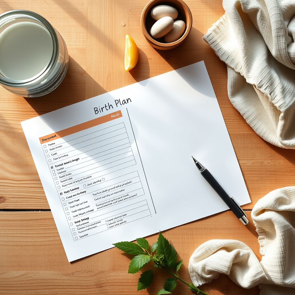 A close-up of a printed birth plan template with handwritten notes in the margins