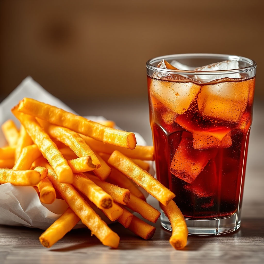 A plate of greasy french fries and a sugary soda with a strong smell, representing foods to avoid during pregnancy nausea