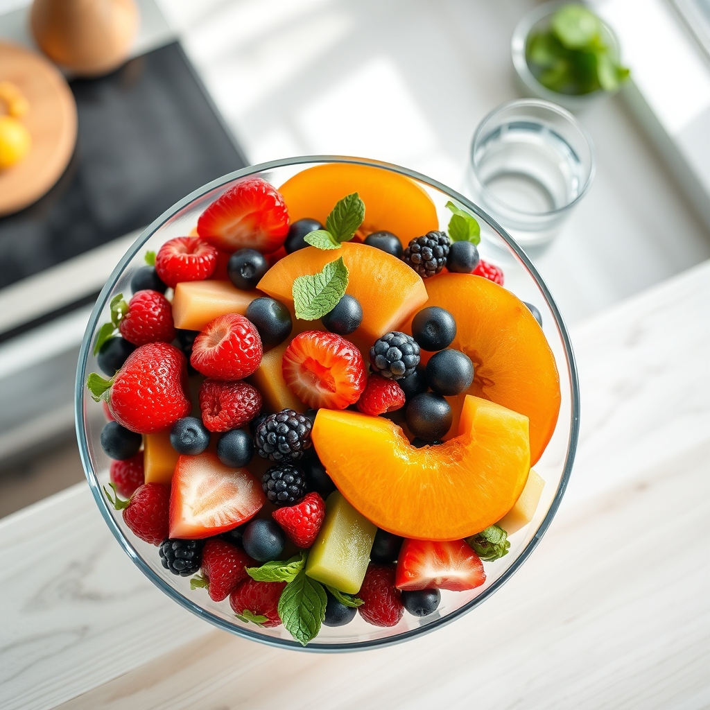 A vibrant bowl of fresh fruit salad with berries, melon, and citrus slices, next to a glass of water, on a light wooden table, bright and airy kitchen