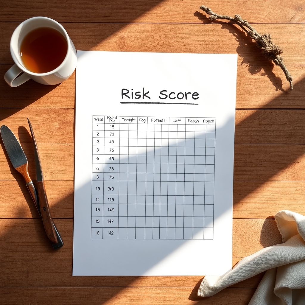 Close‑up of a handwritten risk‑score worksheet on a kitchen table with a cup of tea, soft morning light