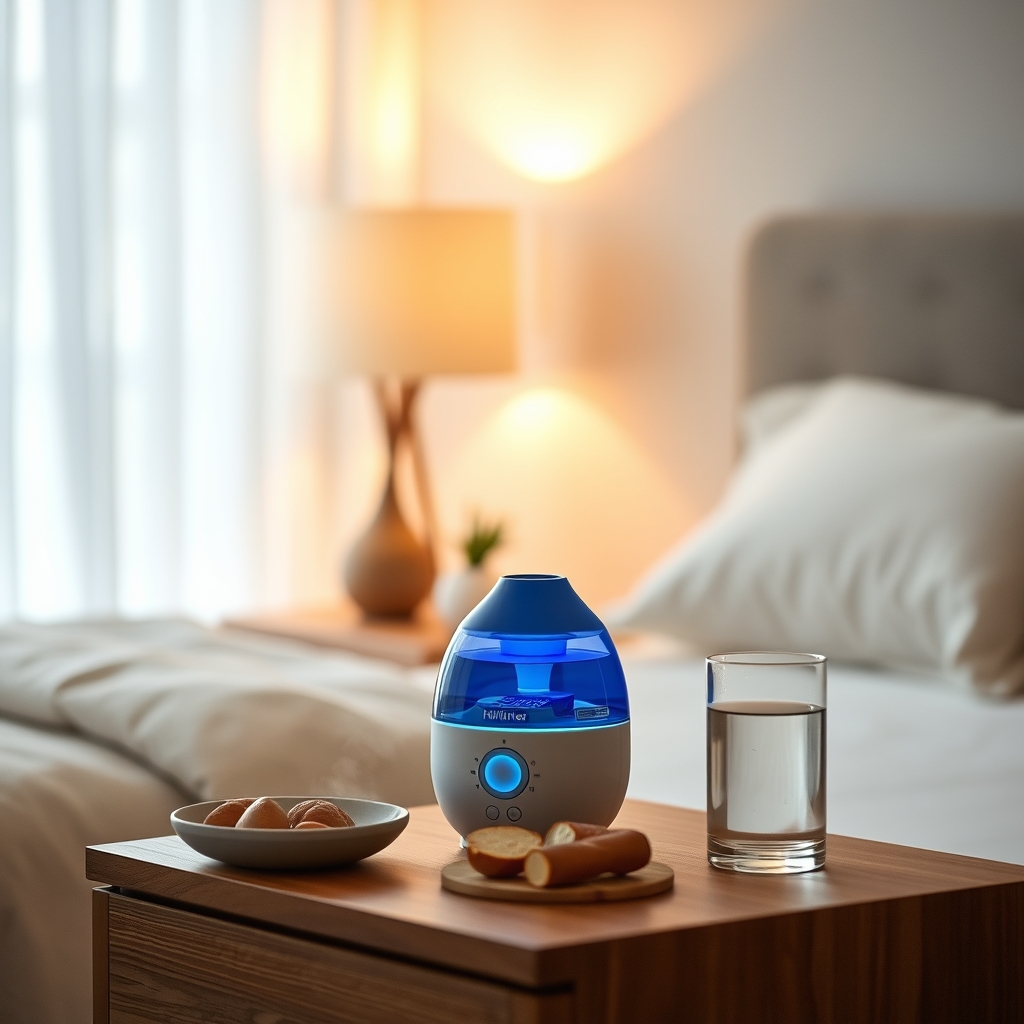 A cool-mist humidifier running quietly in a softly lit bedroom, with a glass of water on a nightstand, promoting a restful and hydrated environment