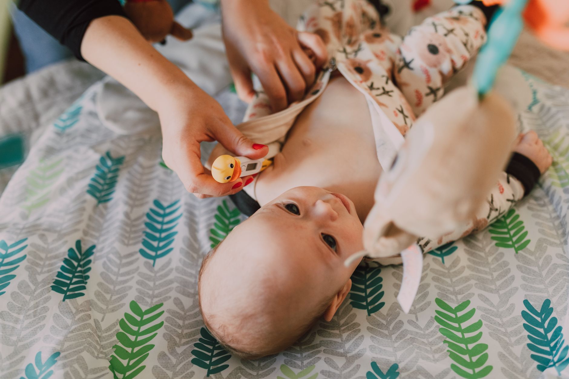 Testing baby formula water temperature with a thermometer