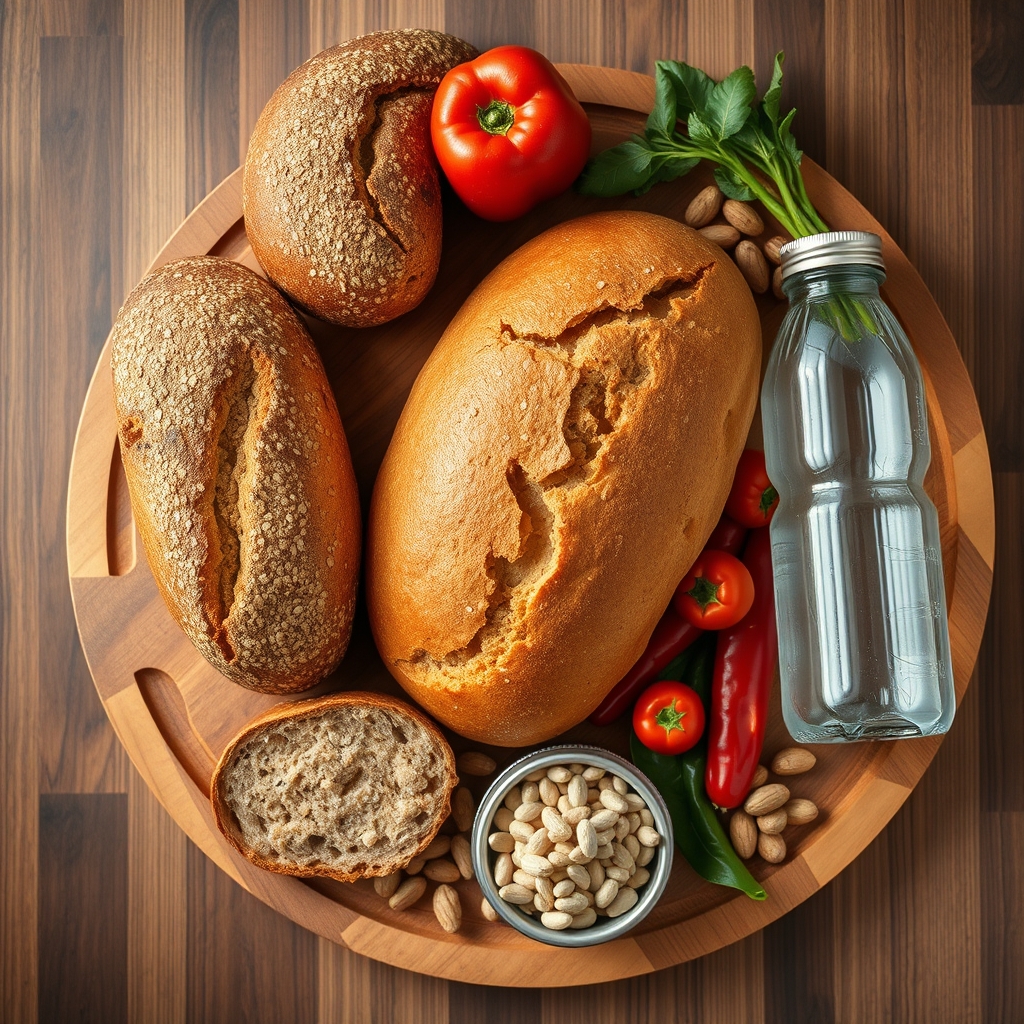 A colorful wooden board displaying whole‑grain breads, fresh vegetables, nuts, and a water bottle, natural light, home kitchen setting