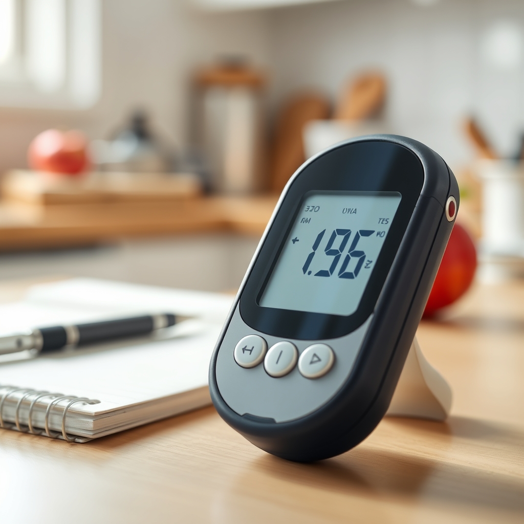 Close‑up of a glucose meter display showing a reading of 92 mg/dL, surrounded by a notebook and a pen, bright kitchen lighting