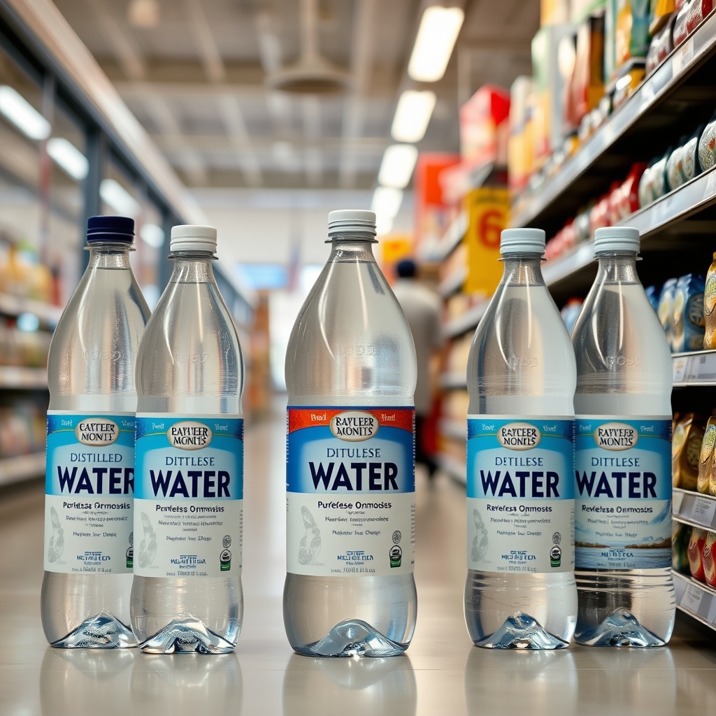 row of various bottled water brands on a grocery shelf, each labeled with purification method, bright lighting highlighting safety information