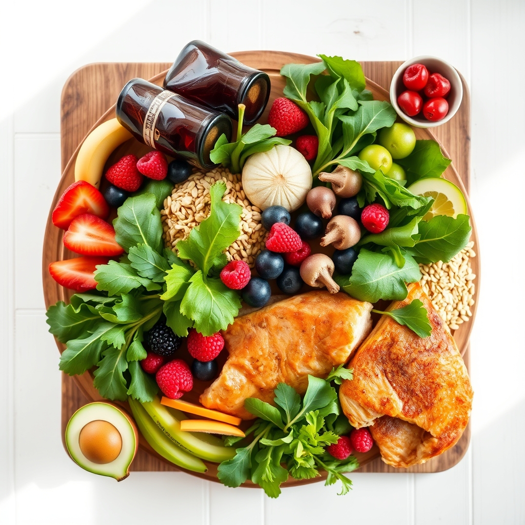 Assortment of fresh, healthy foods like spinach, bananas, and whole grains on a wooden board, representing a balanced diet