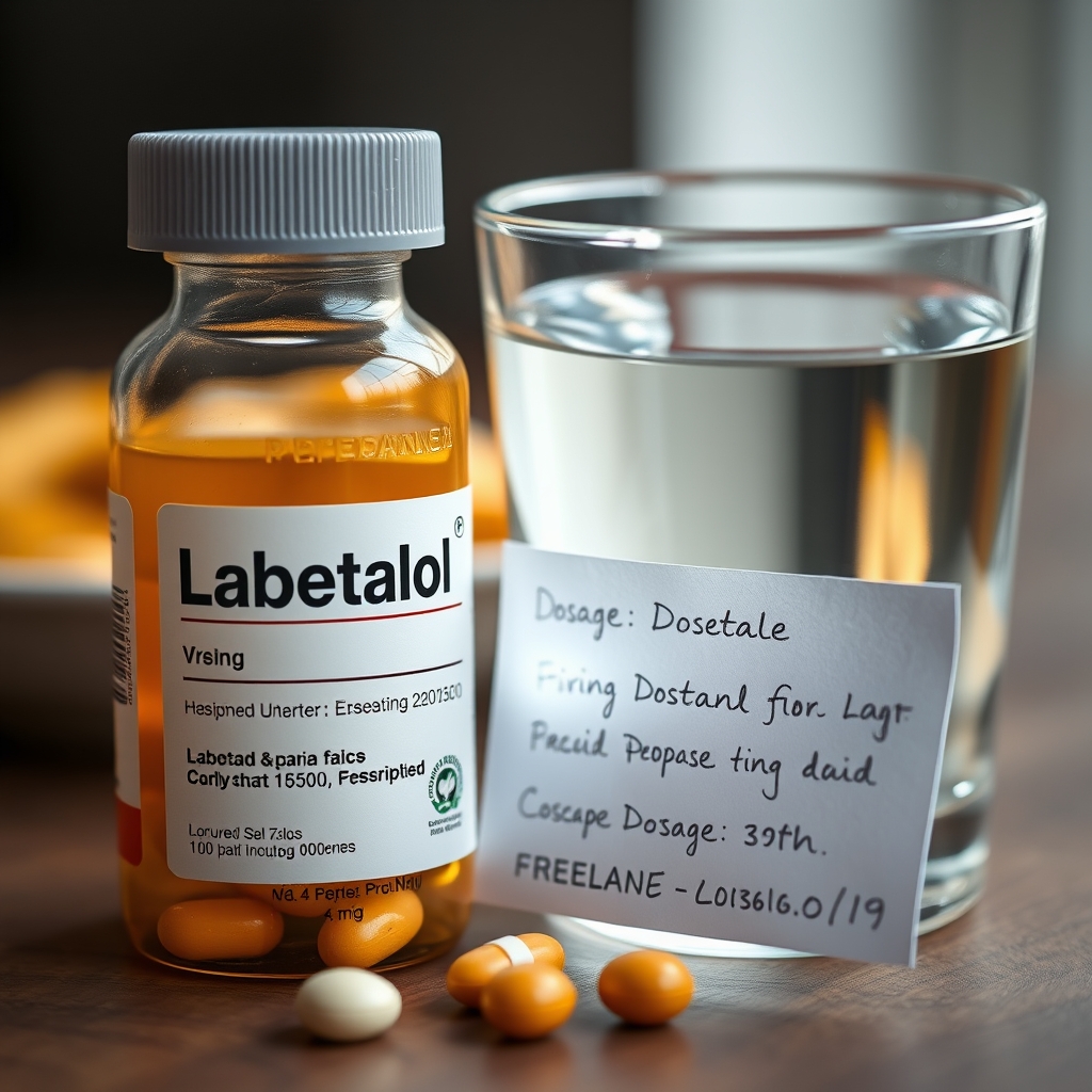 Close‑up of a pill bottle labeled labetalol, a glass of water, and a handwritten note indicating dosage adjustments