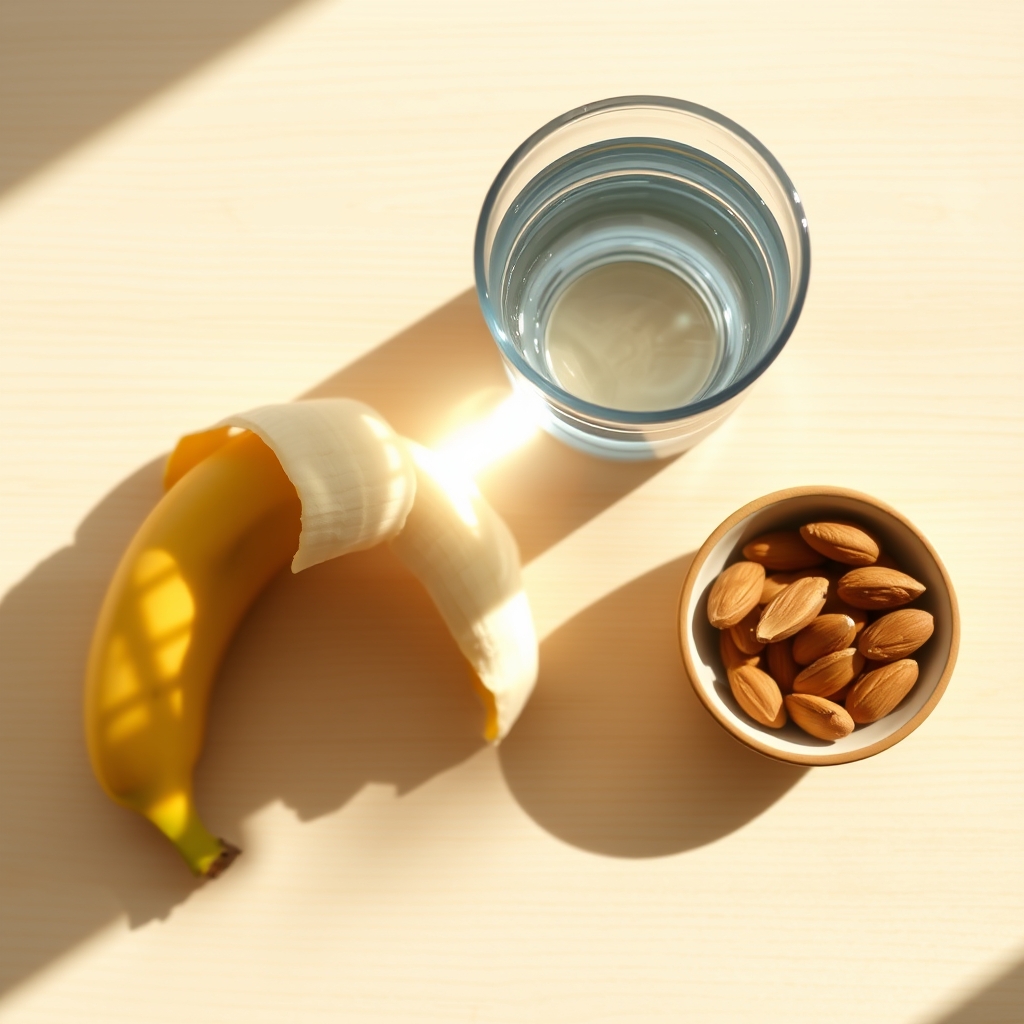 A glass of water and a banana on a wooden board, illustrating a light snack to encourage fetal movement before a biophysical profile