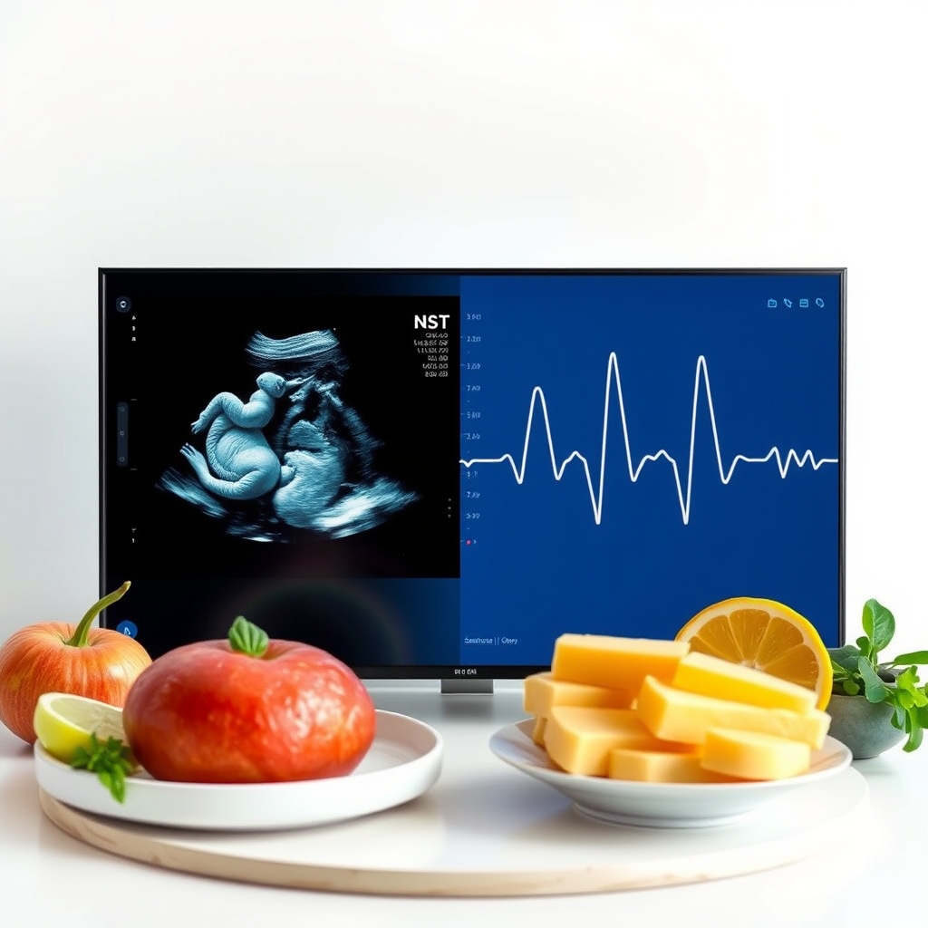 Side‑by‑side illustration of a BPP ultrasound screen and a standalone NST monitor, both showing reassuring patterns