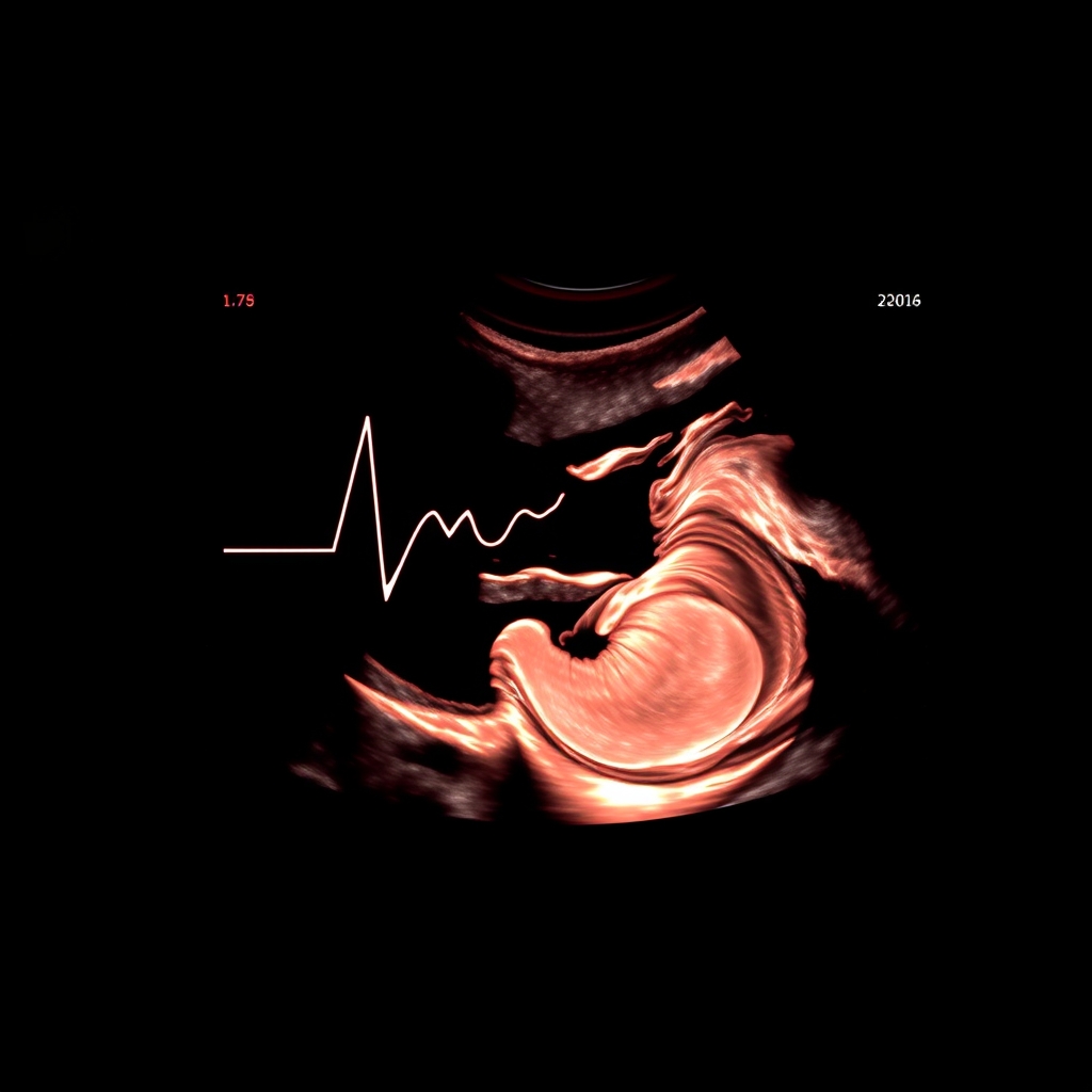 Color Doppler ultrasound image showing umbilical artery flow patterns in a fetus