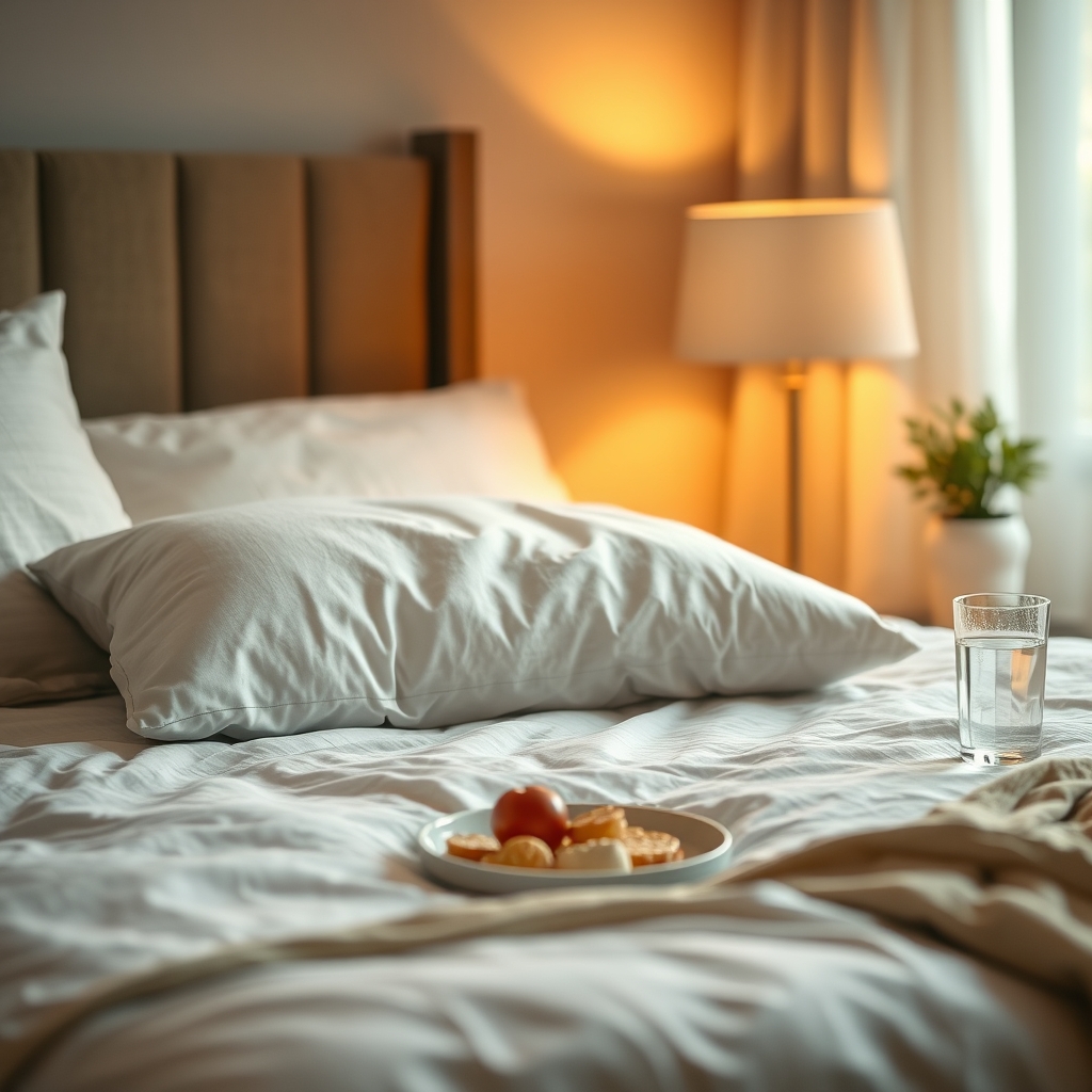 A cozy bedroom scene with a nursing pillow, a glass of water, and a soft‑lit lamp, representing a peaceful nighttime feeding routine