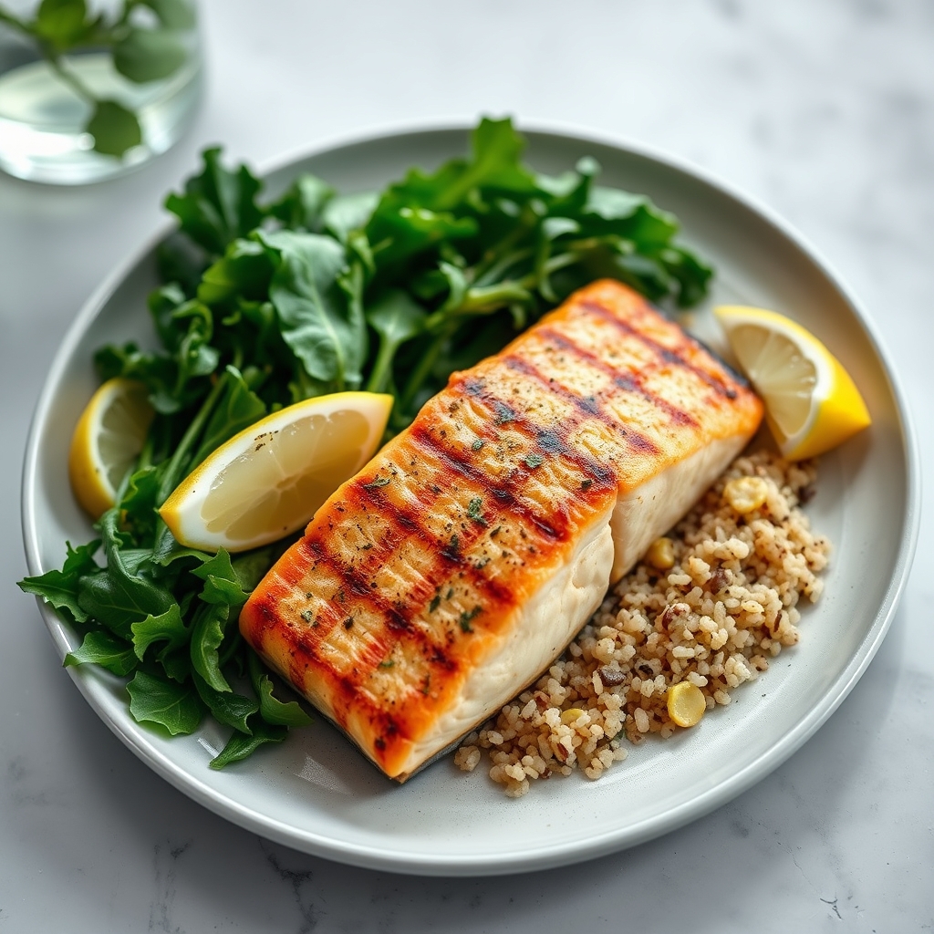 Grilled salmon fillet on a plate beside quinoa, leafy greens, and lemon wedges, bright natural light, clean plating