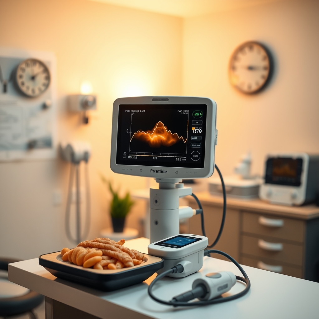 A calm prenatal clinic room with a monitor displaying fetal heart rate alongside a spirometry device, illustrating coordinated maternal–fetal care