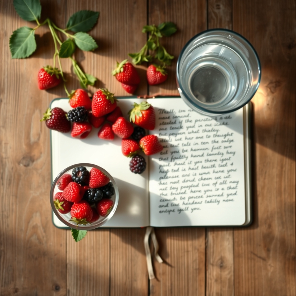 Softly lit kitchen counter with a bowl of fresh berries, a glass of water, and a handwritten note that reads 'Pregnancy Journal'