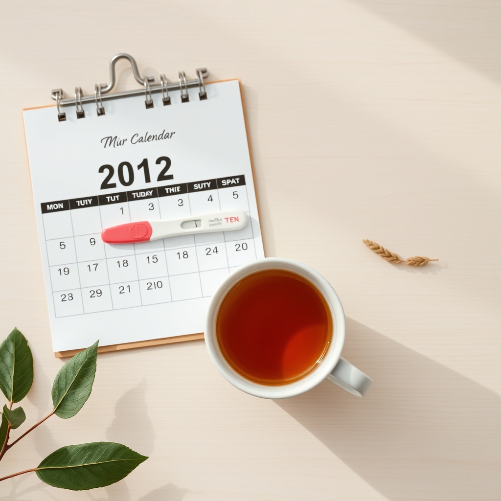 A calendar with a circle around a date, next to a small pregnancy test and a cup of herbal tea, indicating a time of anxious waiting