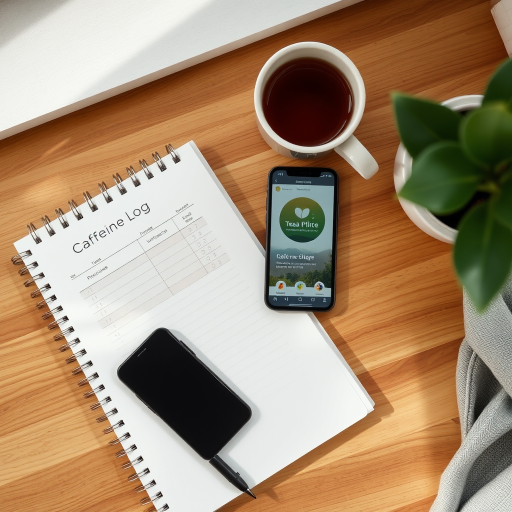 A tidy kitchen counter with a notebook open to a caffeine‑tracking chart, a smartphone displaying a health app, and a steaming mug of tea, soft natural light