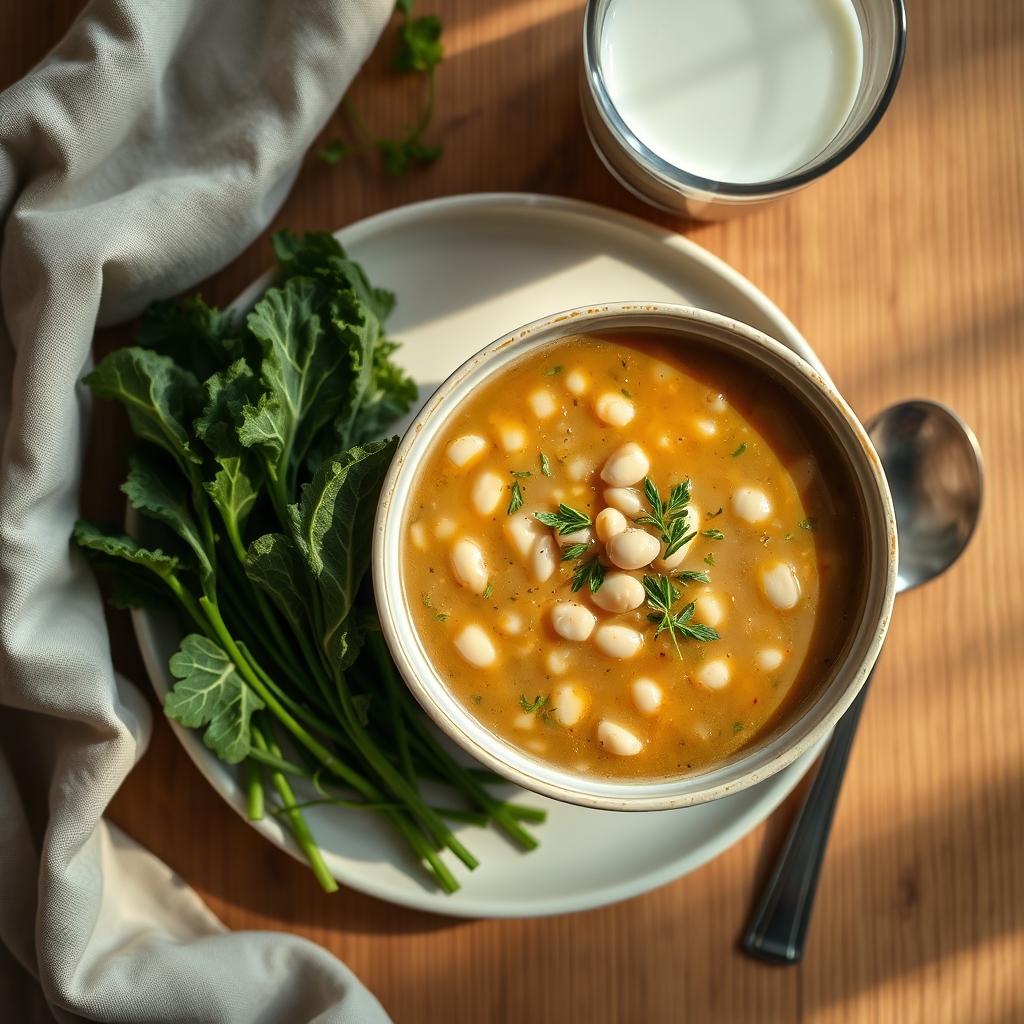 A simple white bean soup with collard greens and a glass of fortified soy milk on a rustic wooden table