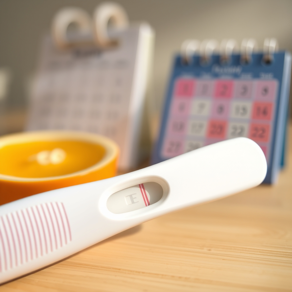 A pregnancy test showing a very faint positive line, next to a calendar with the first day of a missed period circled, on a soft pastel background