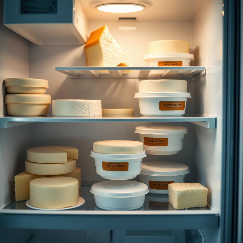 A fridge interior showing a sealed container of brie, a wrapped roll of cream cheese, and a labeled jar of ricotta, all kept on the lower shelf