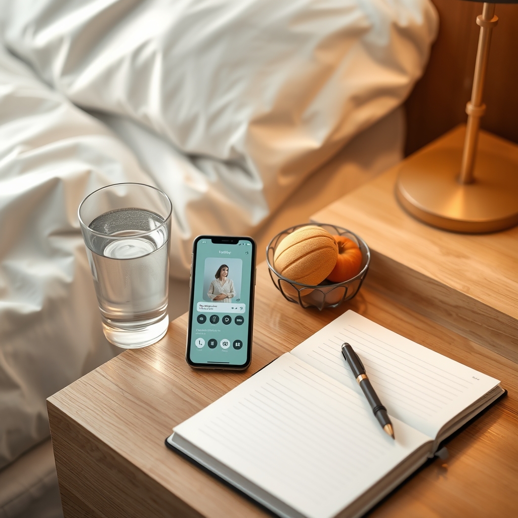 A cozy bedroom nightstand with a glass of water, a small notebook, and a digital fertility tracking app displayed on a phone, soft warm lighting, photorealistic