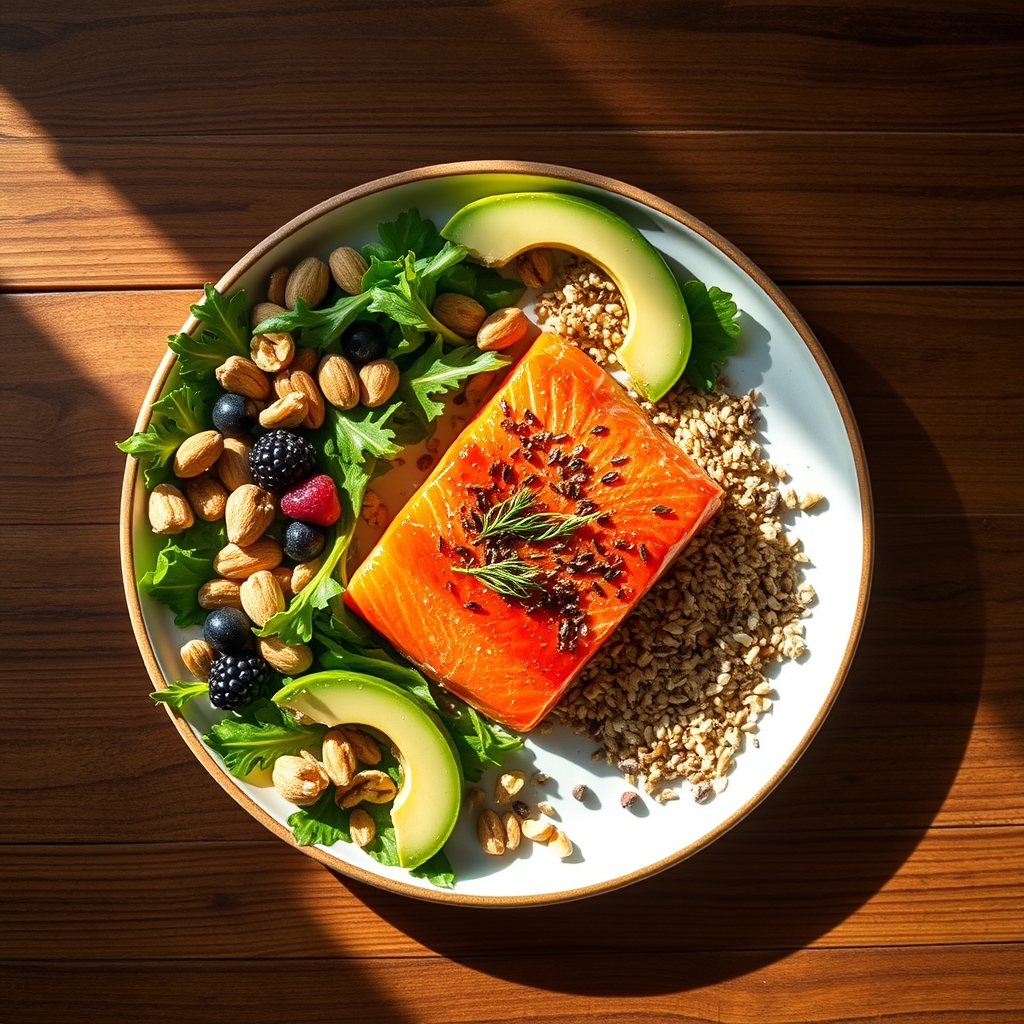 A colorful plate of fertility-friendly foods including salmon, leafy greens, nuts, and berries, bright natural light, photorealistic
