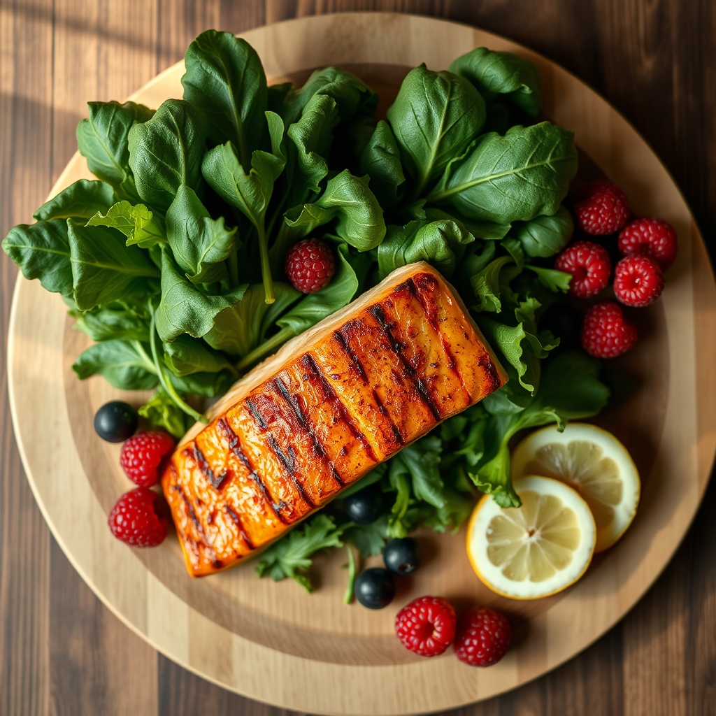 A colorful plate of leafy greens, berries, and grilled salmon on a rustic wooden board, bright natural light highlighting fresh ingredients