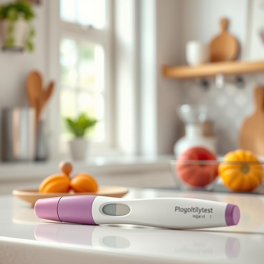A sleek digital urine pregnancy test on a pastel kitchen counter, soft natural light, showing a faint positive line
