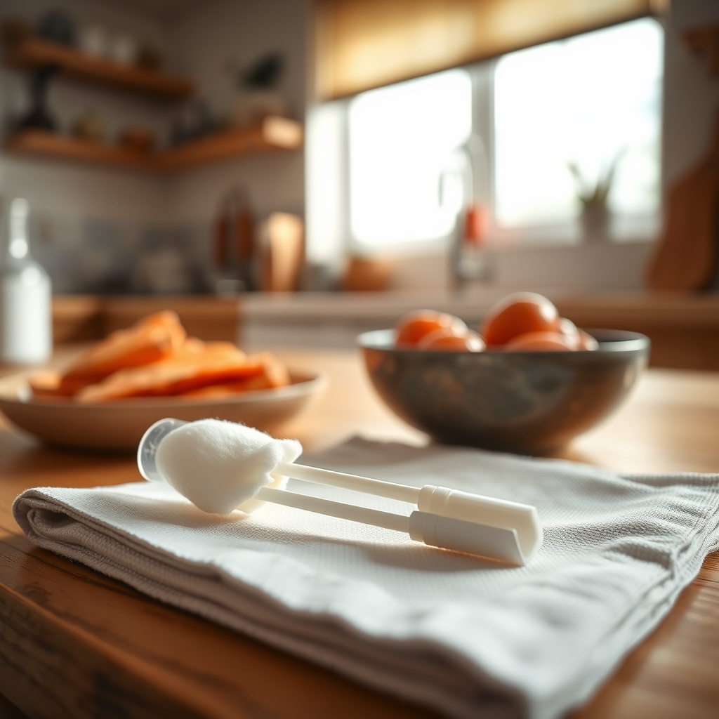 Close‑up of a cheek swab kit with a cotton tip, placed on a linen napkin beside a cup of tea