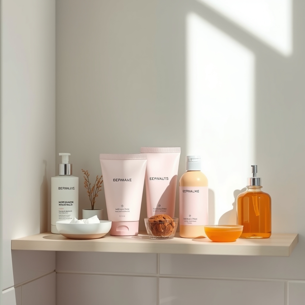 A tidy bathroom shelf with pregnancy‑safe skincare products: a bottle of hyaluronic acid serum, a jar of oatmeal scrub, and a spray bottle of rosewater