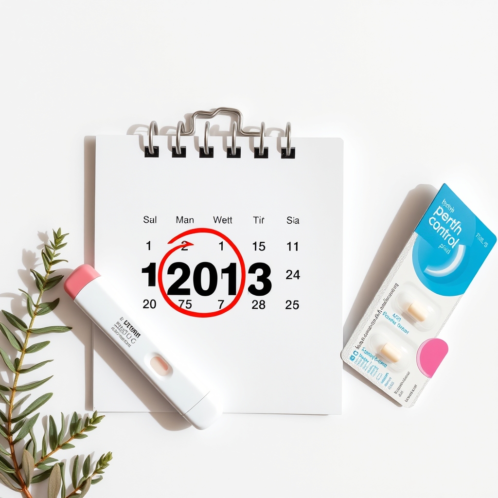 Calendar with a red circle around a date, next to a pregnancy test and a birth control pill pack
