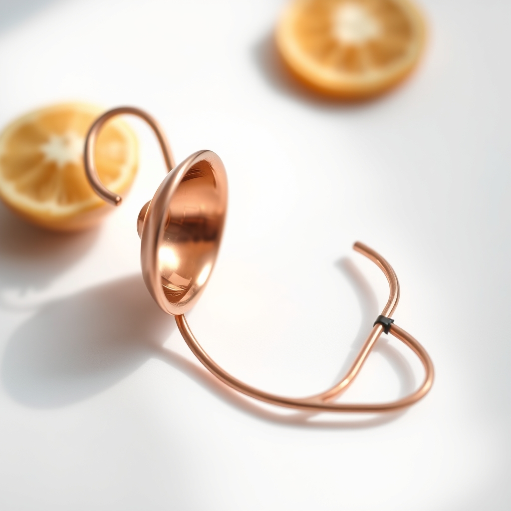 A copper IUD displayed on a clean white surface with a soft shadow, bright natural light, photorealistic
