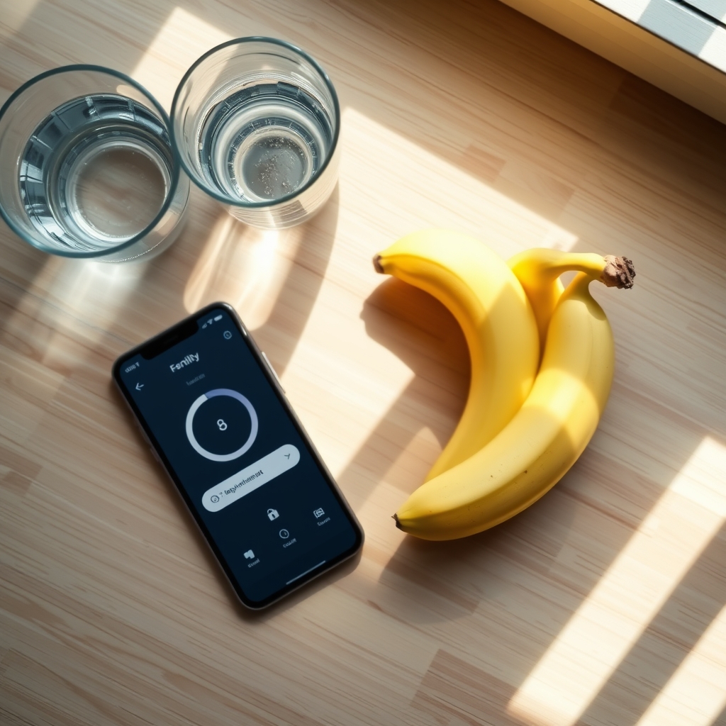 A bright kitchen countertop with a glass of water, a banana, and a fertility tracking app open on a smartphone
