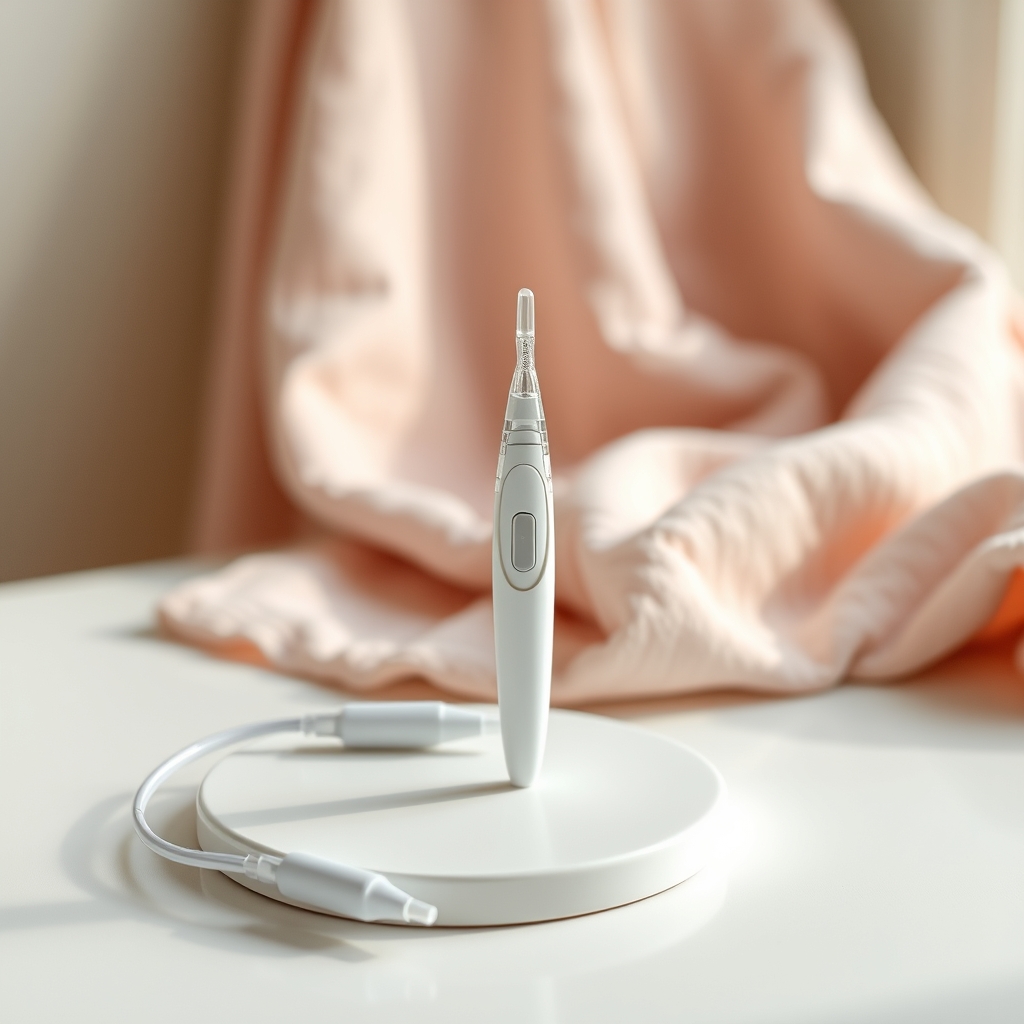 A sleek hormonal IUD placed beside a small glass of water and a soft pastel blanket, illustrating postpartum contraception options