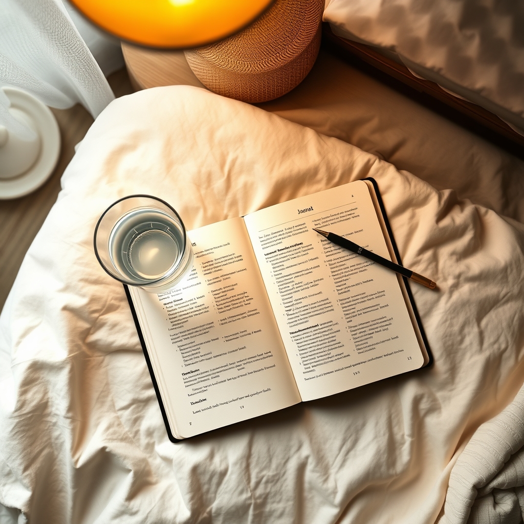 Cozy bedroom nightstand with a glass of water, a pregnancy journal, and a soft lamp casting a warm glow