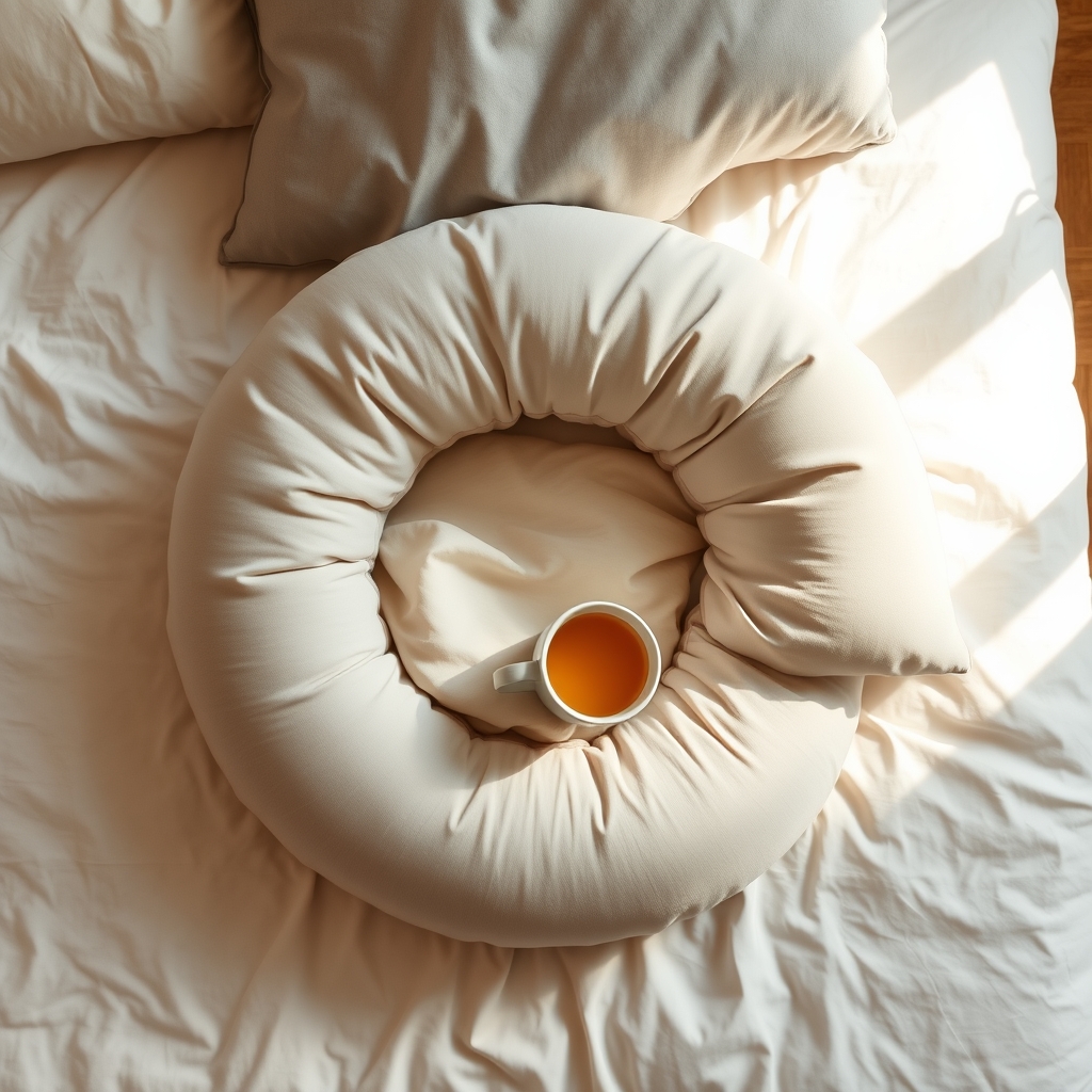 Softly lit bedroom with a comfortable bed, a pregnancy pillow, and a warm cup of tea on a bedside table, creating a relaxed postpartum atmosphere