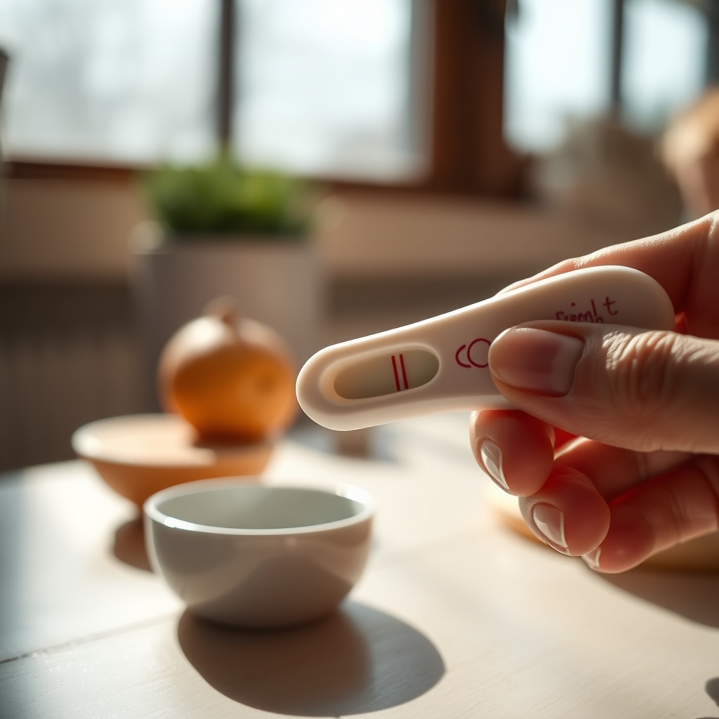 Close‑up of a digital pregnancy test displaying a clear positive result, with soft morning light filtering through a window