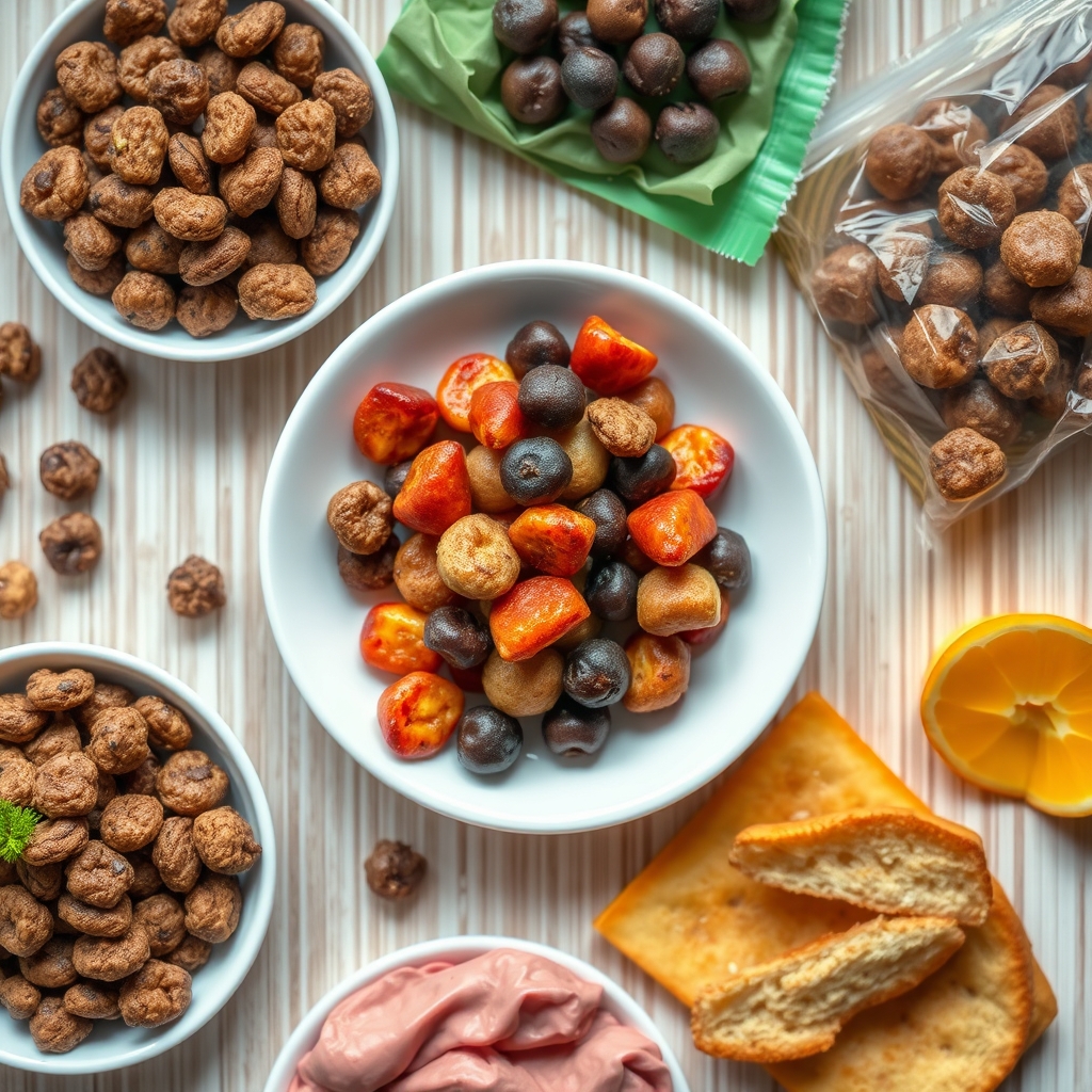 A colorful assortment of pregnancy cravings: fresh fruit, salty pretzels, and chocolate on a rustic wooden board